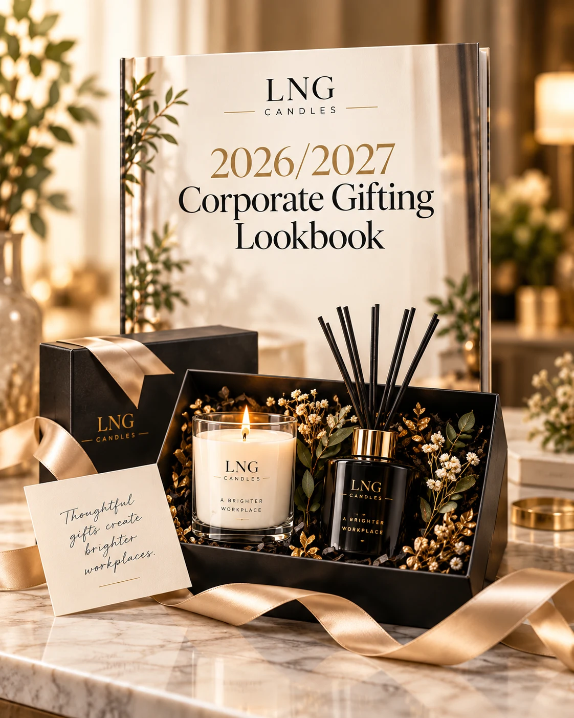 LNG 2026/2027 Corporate Gifting Lookbook with a candle, diffuser and personalised luxury gift box